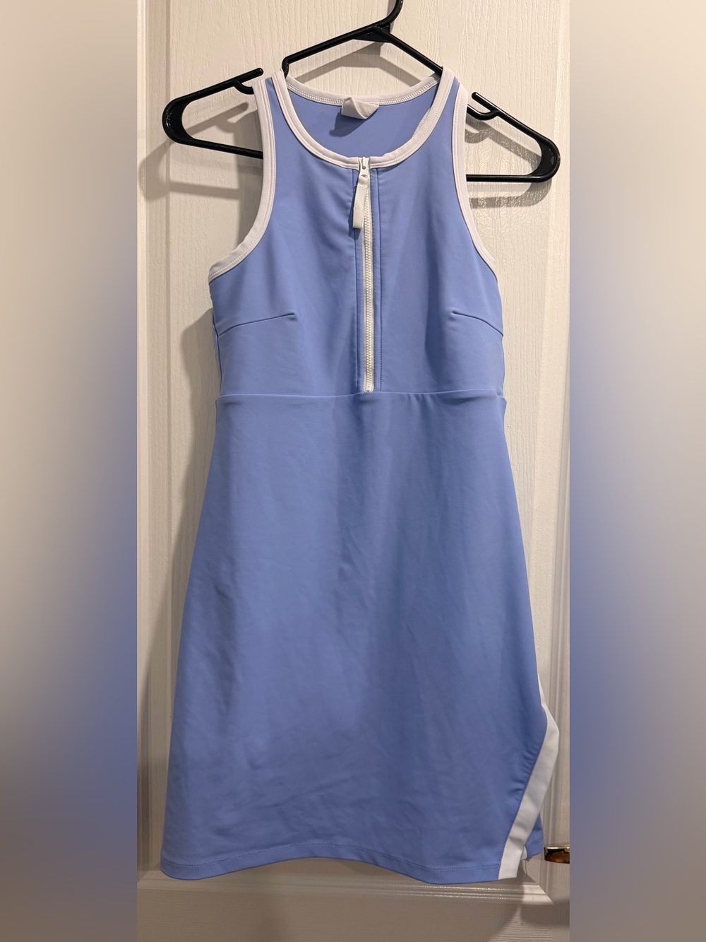 Sage Light Blue Sleeveless Zip-Front Casual Dress with White Trim